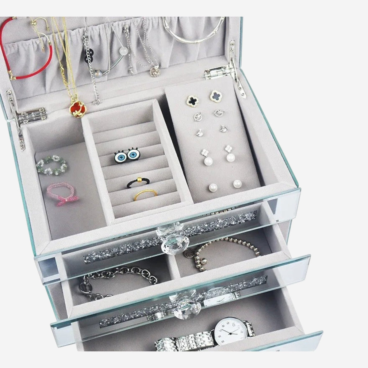 Boîte à bijoux strass grande capacité avec compartiments pour un rangement optimal de tous vos bijoux.