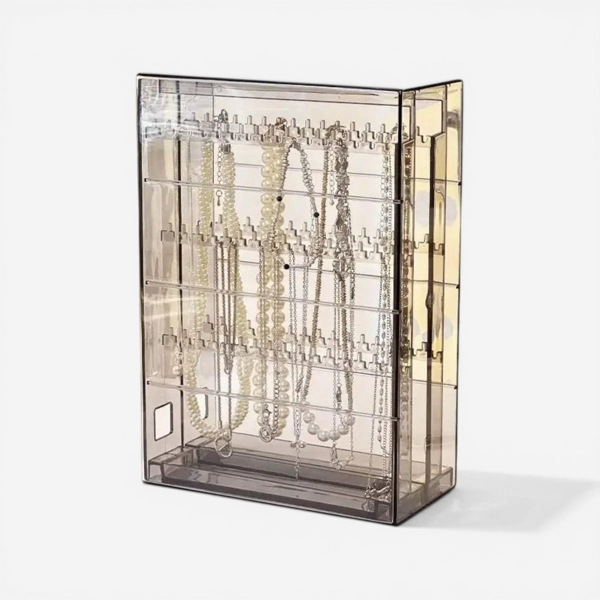 présentoir à bijoux transparent vue de côté avec structure pour rangement de bijoux