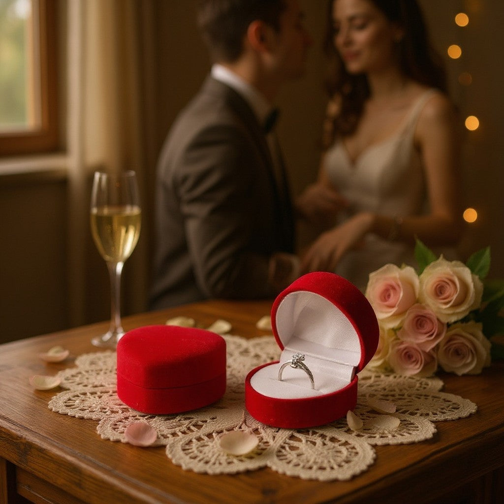 Boîte à bijoux SecretGleam en velours rouge en forme de cœur avec une bague de fiançailles, sur une table romantique