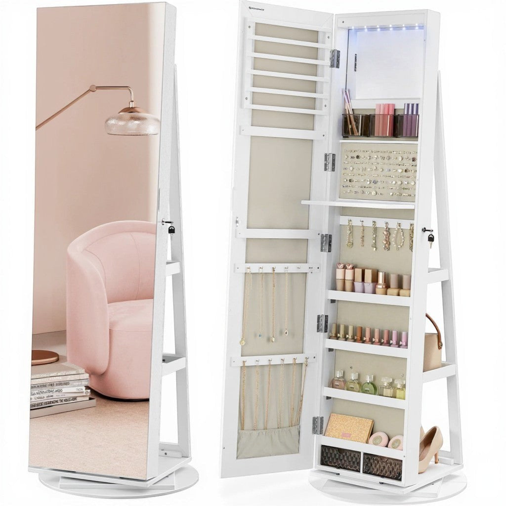 Armoire à bijoux blanche sur pied avec miroir et rangement intérieur.