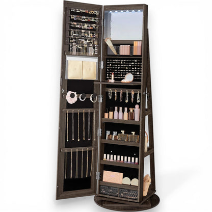 Armoire à bijoux marron foncé avec miroir et compartiments pour accessoires.