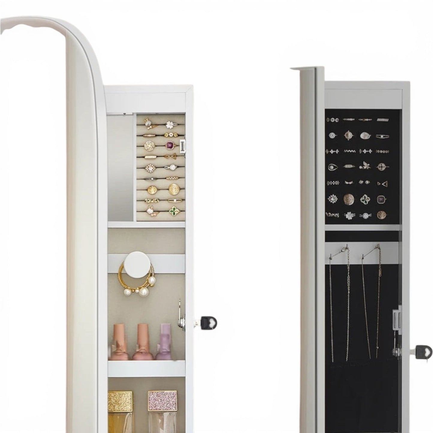 Armoire à bijoux avec miroir pleine longueur ouverte avec rangement intérieur.