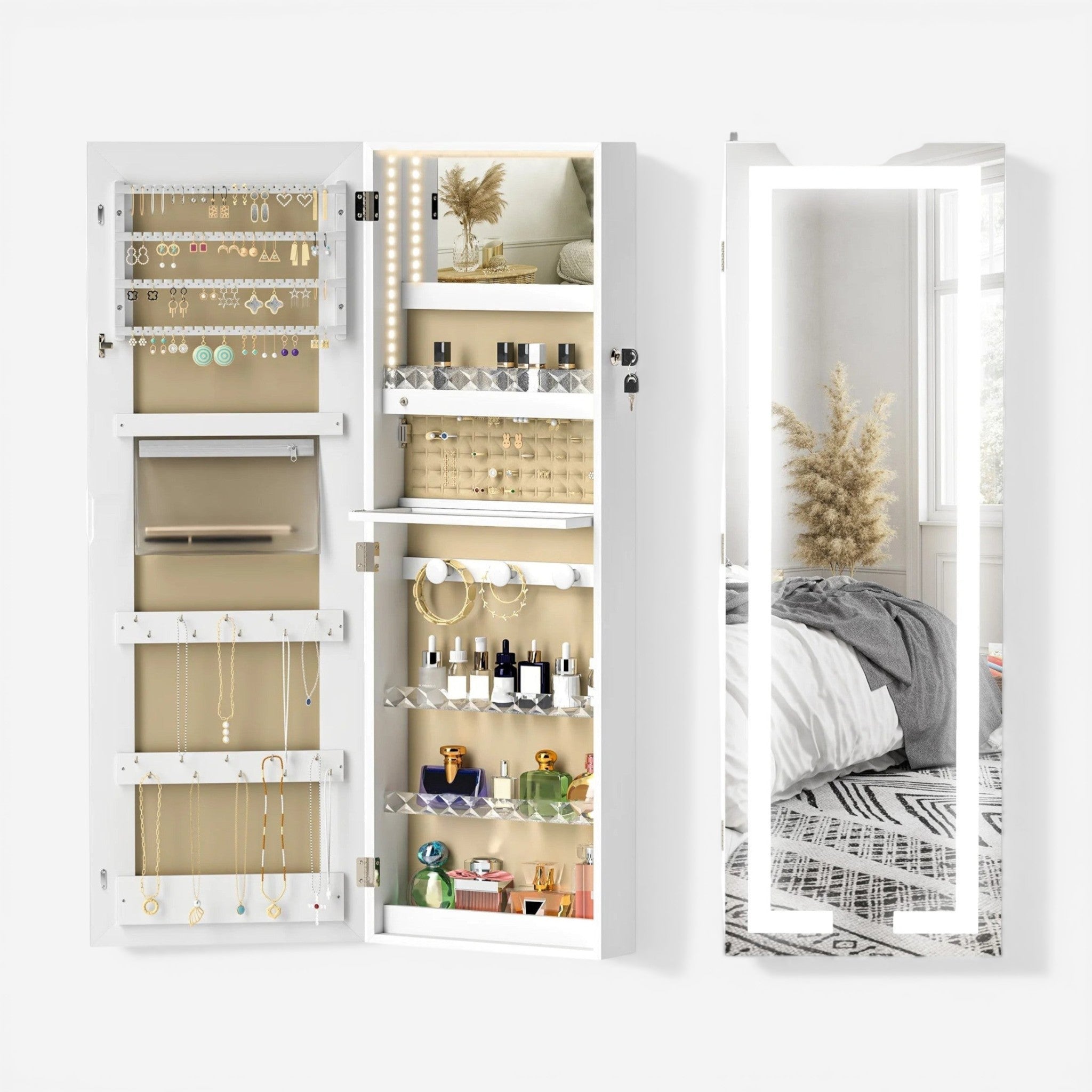 Armoire à bijoux murale avec miroir LED et rangement complet pour bijoux et cosmétiques.