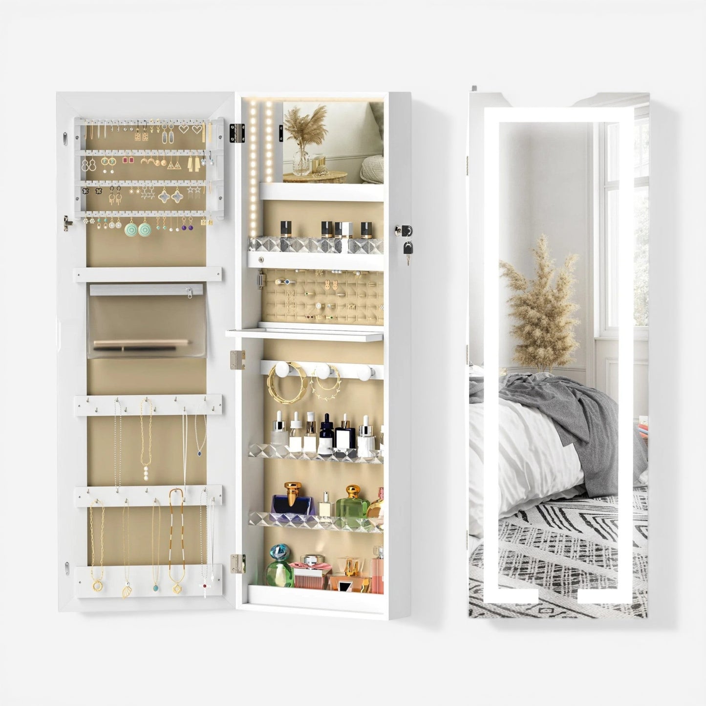 Armoire à bijoux murale avec miroir LED et rangement complet pour bijoux et cosmétiques.