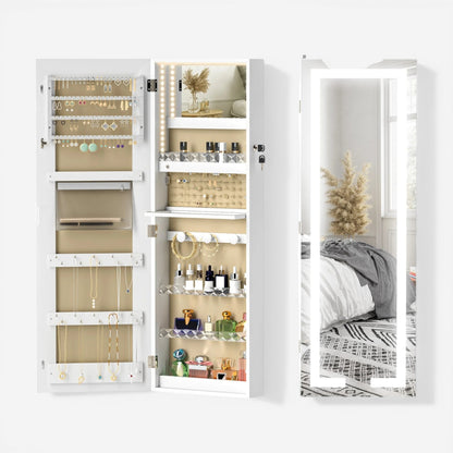 Armoire à bijoux murale avec miroir LED et rangement complet pour bijoux et cosmétiques.