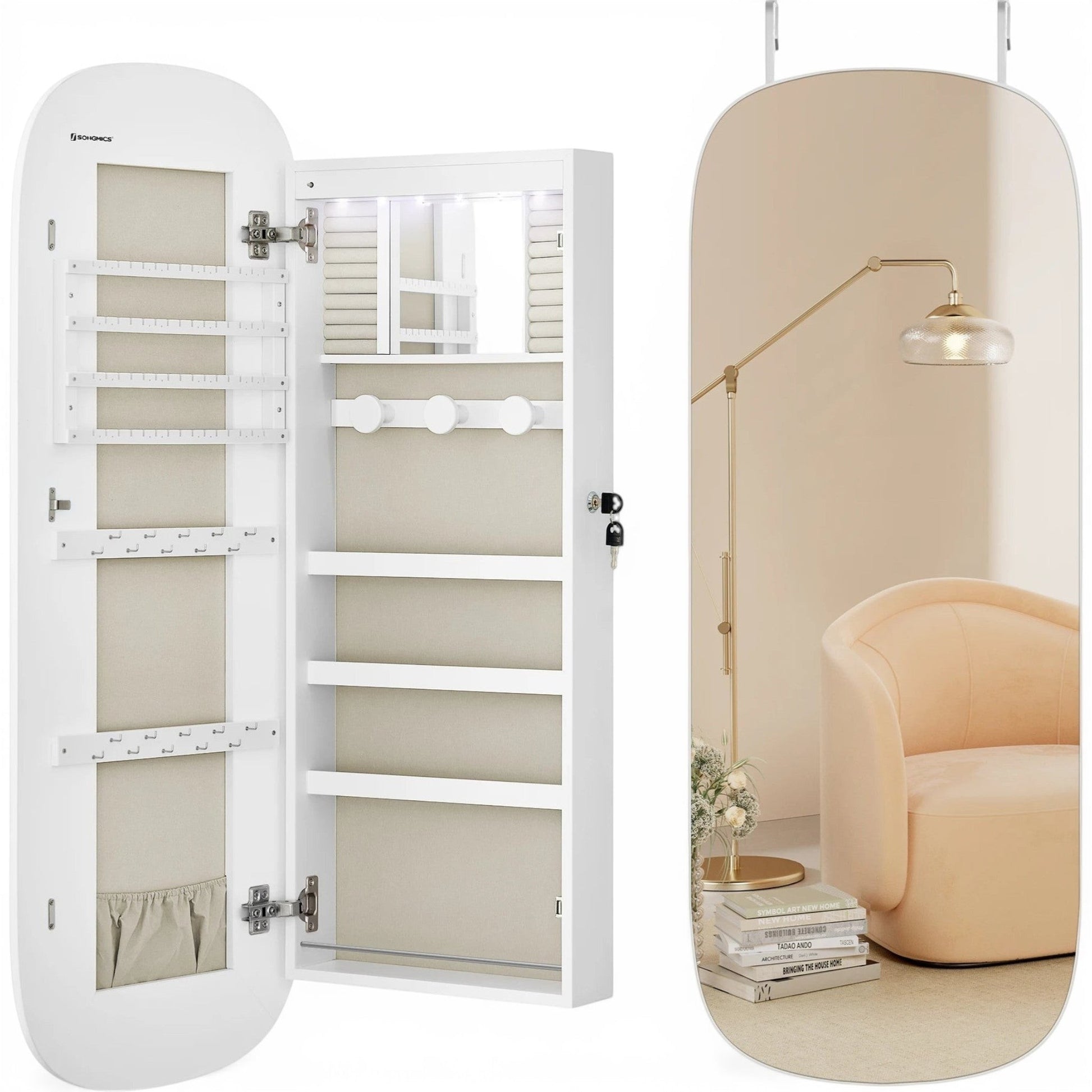Armoire à bijoux murale avec miroir et rangements pour colliers, bagues et accessoires.