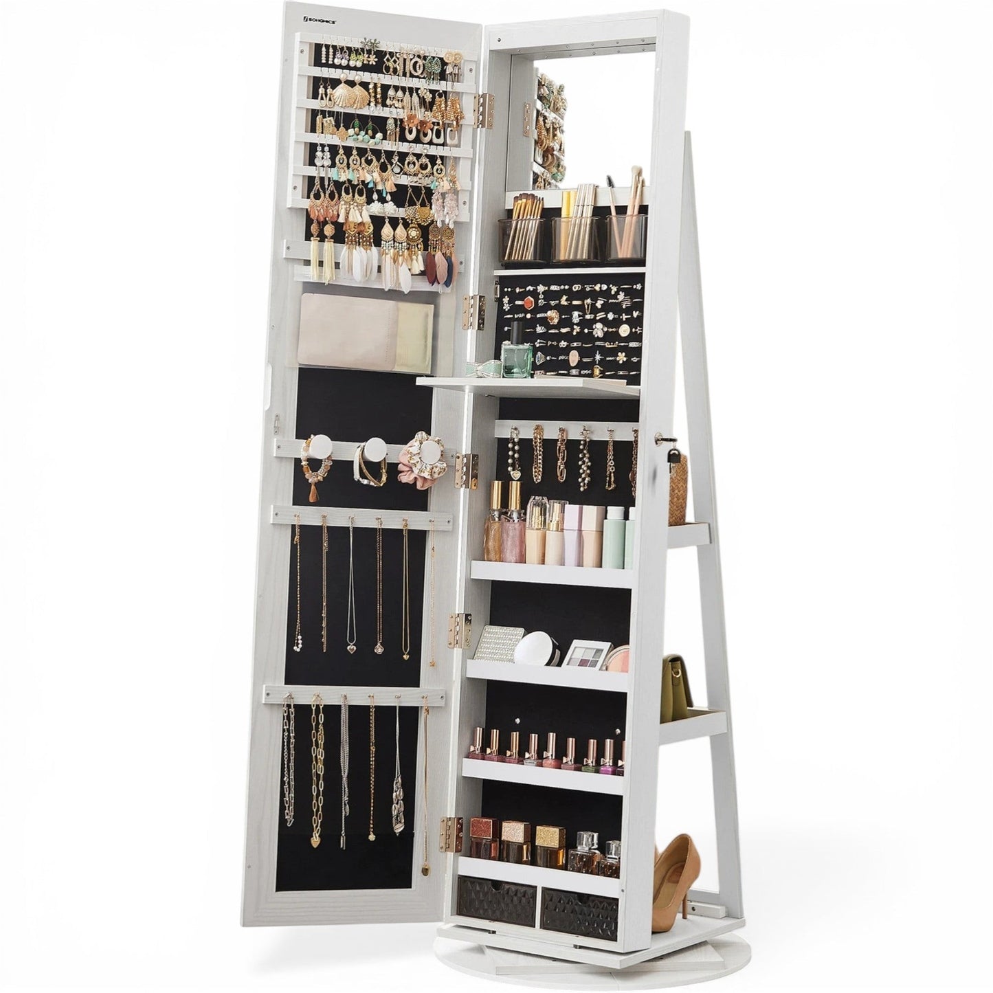 Armoire à bijoux pivotante avec miroir sur pied et grand espace de rangement pour accessoires.