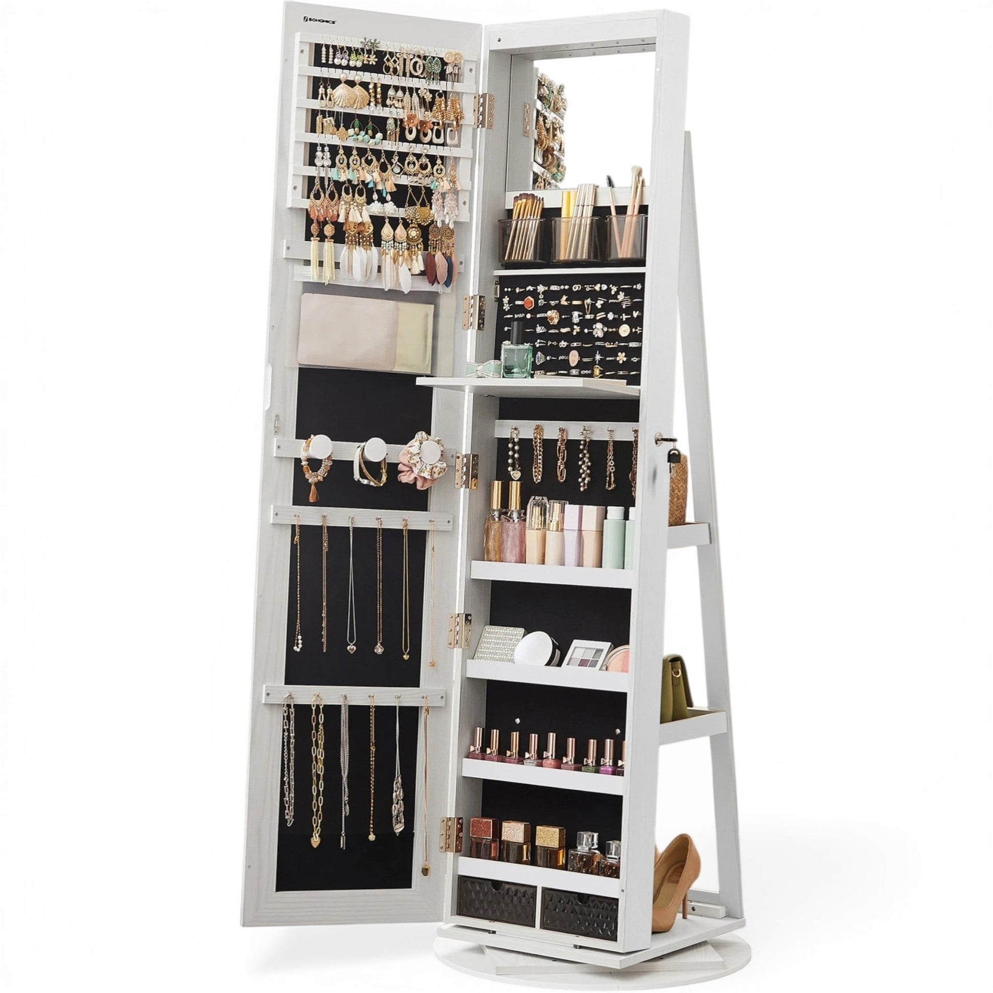 Armoire à bijoux pivotante avec miroir sur pied et grand espace de rangement pour accessoires.