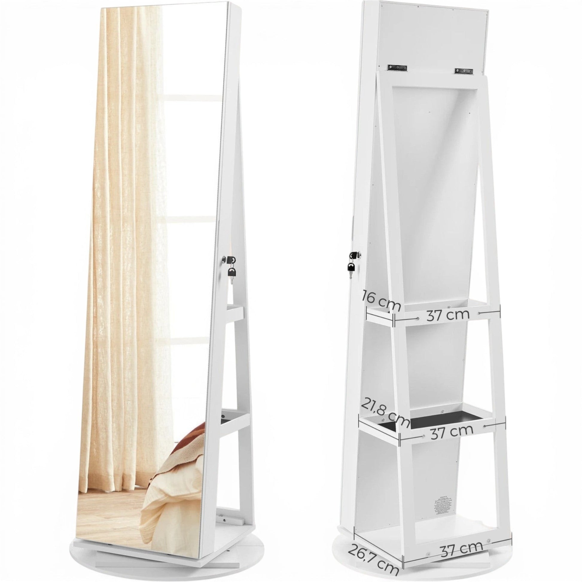 Dimensions d’une armoire à bijoux sur pied avec miroir et rangements intégrés.