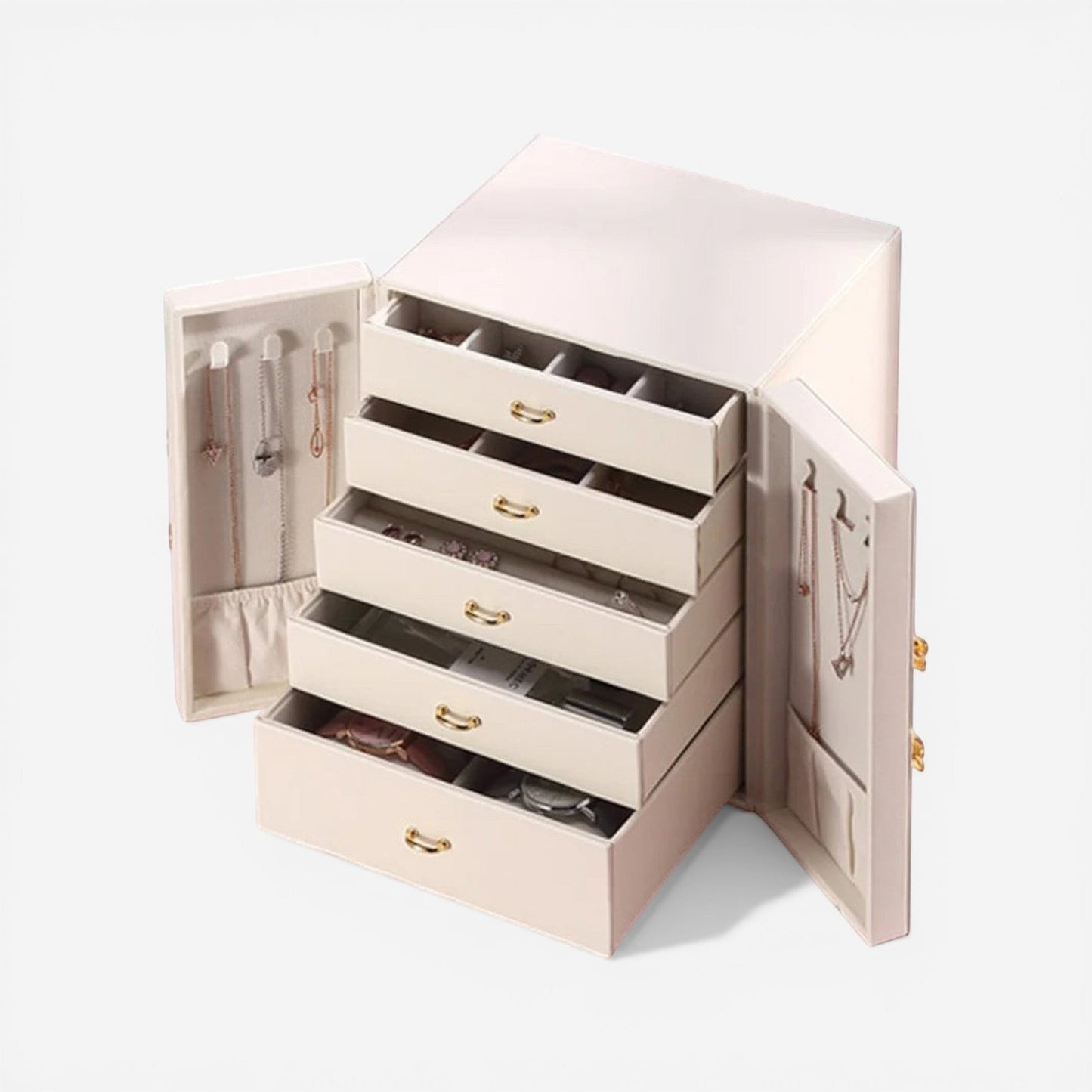 boîte à bijoux européenne avec rangement organisé pour bagues, colliers et bracelets