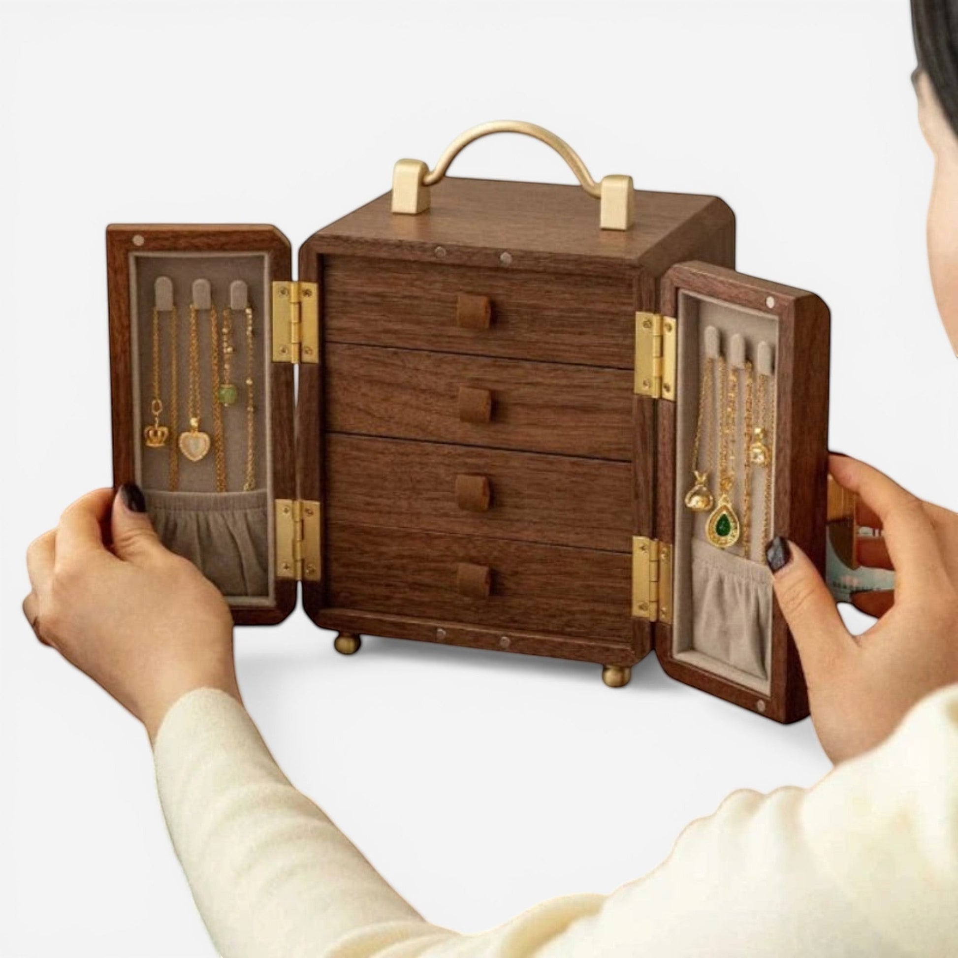 boîte à bijoux rétro en bois florale design avec compartiments pour organiser les bijoux