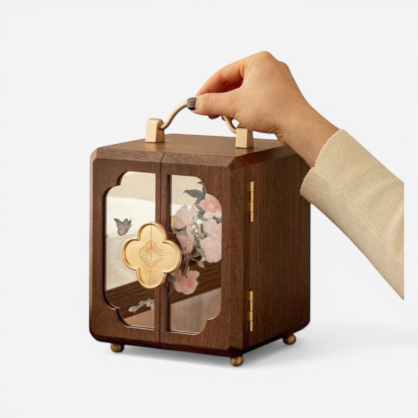 boîte à bijoux rétro en bois florale avec poignée pour transport et rangement pratique