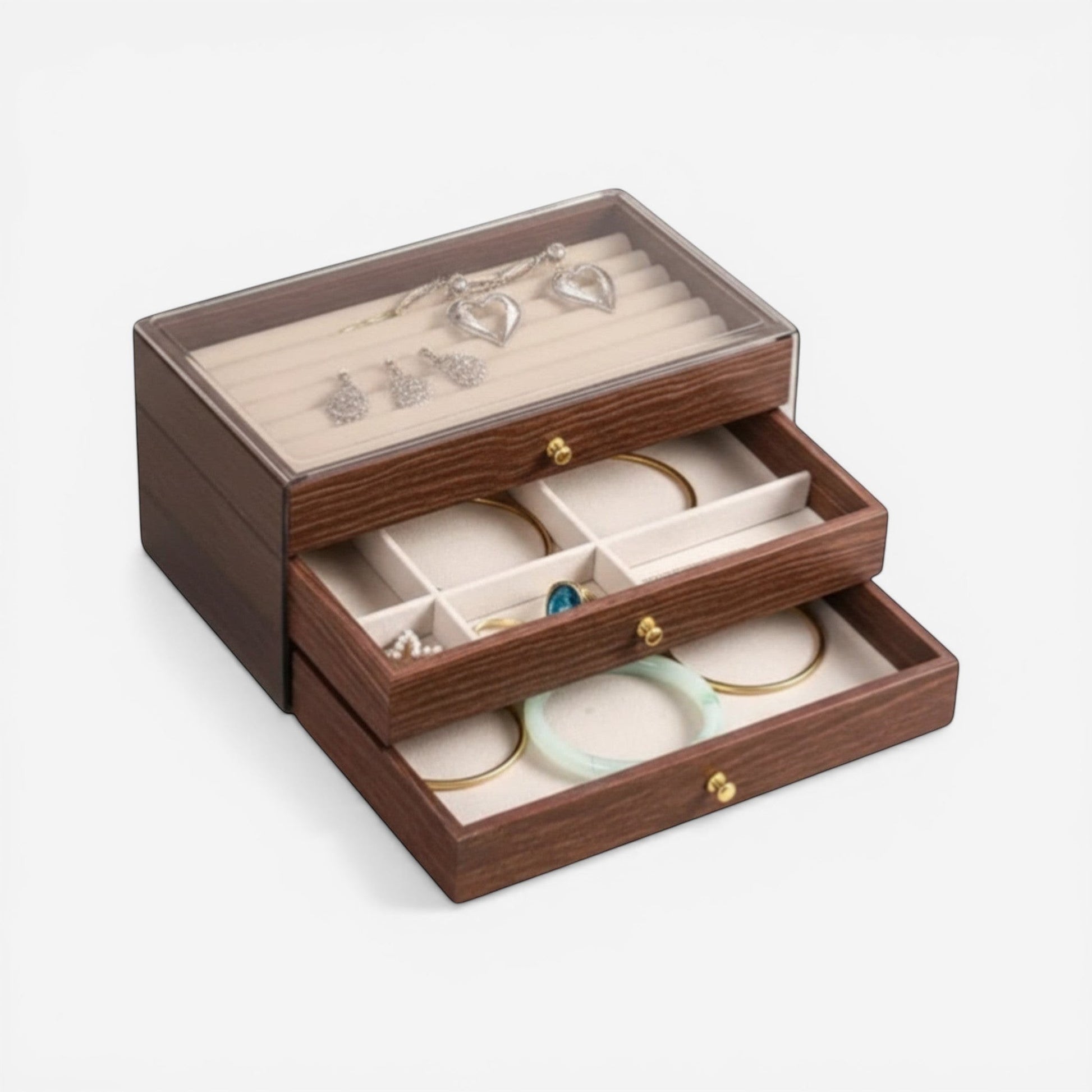 Boîte à bijoux en bois avec 3 tiroirs et couvercle transparent pour voir les bijoux facilement