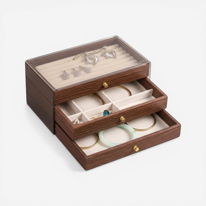 Boîte à bijoux en bois avec 3 tiroirs et couvercle transparent pour voir les bijoux facilement