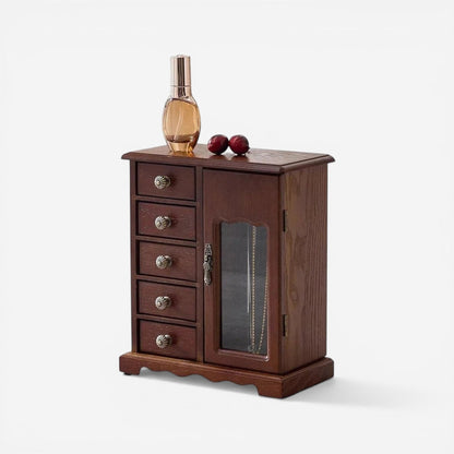 Boîte à bijoux à 5 tiroirs en bois avec rangement vertical élégant pour organiser bagues, colliers et accessoires.
