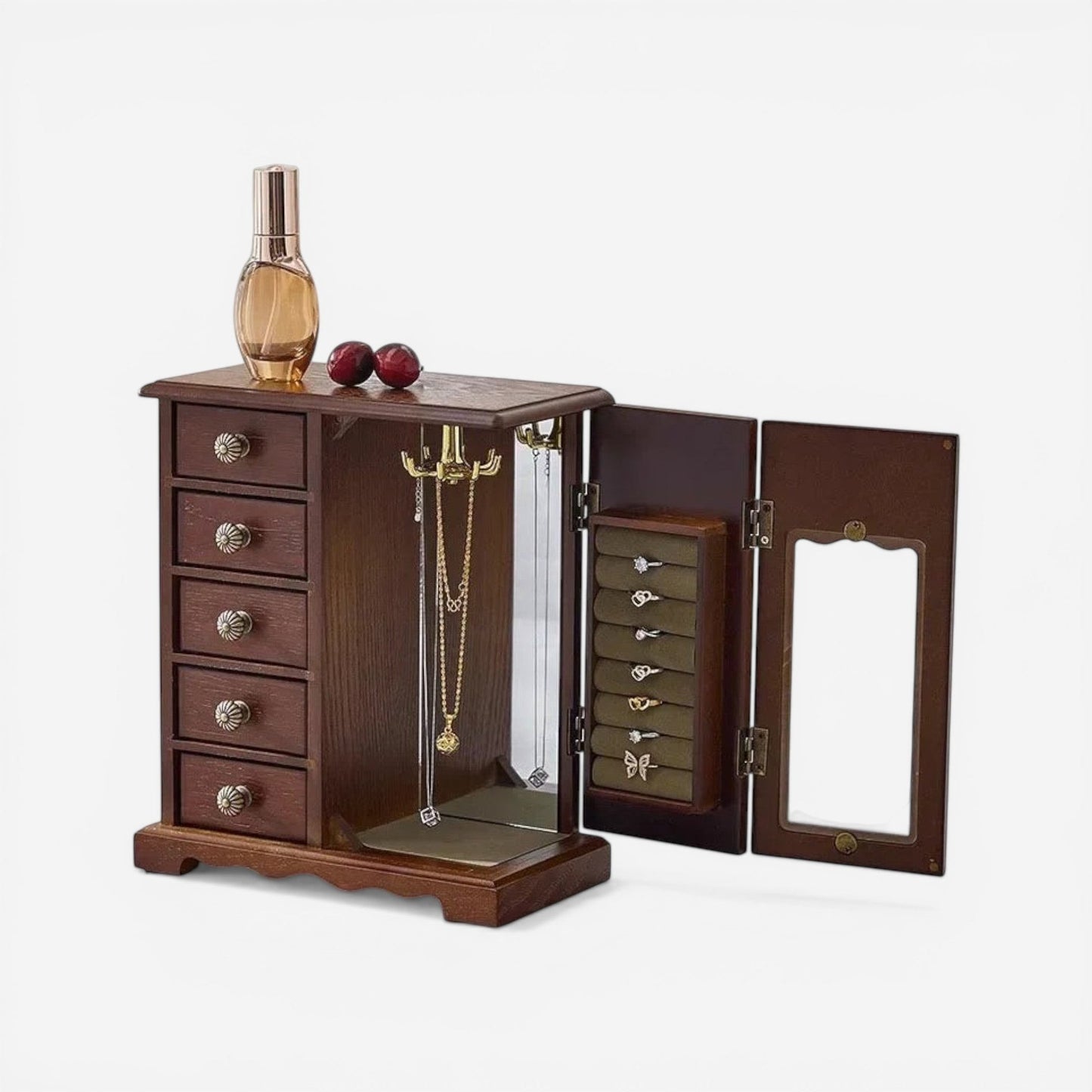 Boîte à bijoux à 5 tiroirs avec porte latérale et miroir intégré pour un rangement pratique et fonctionnel.