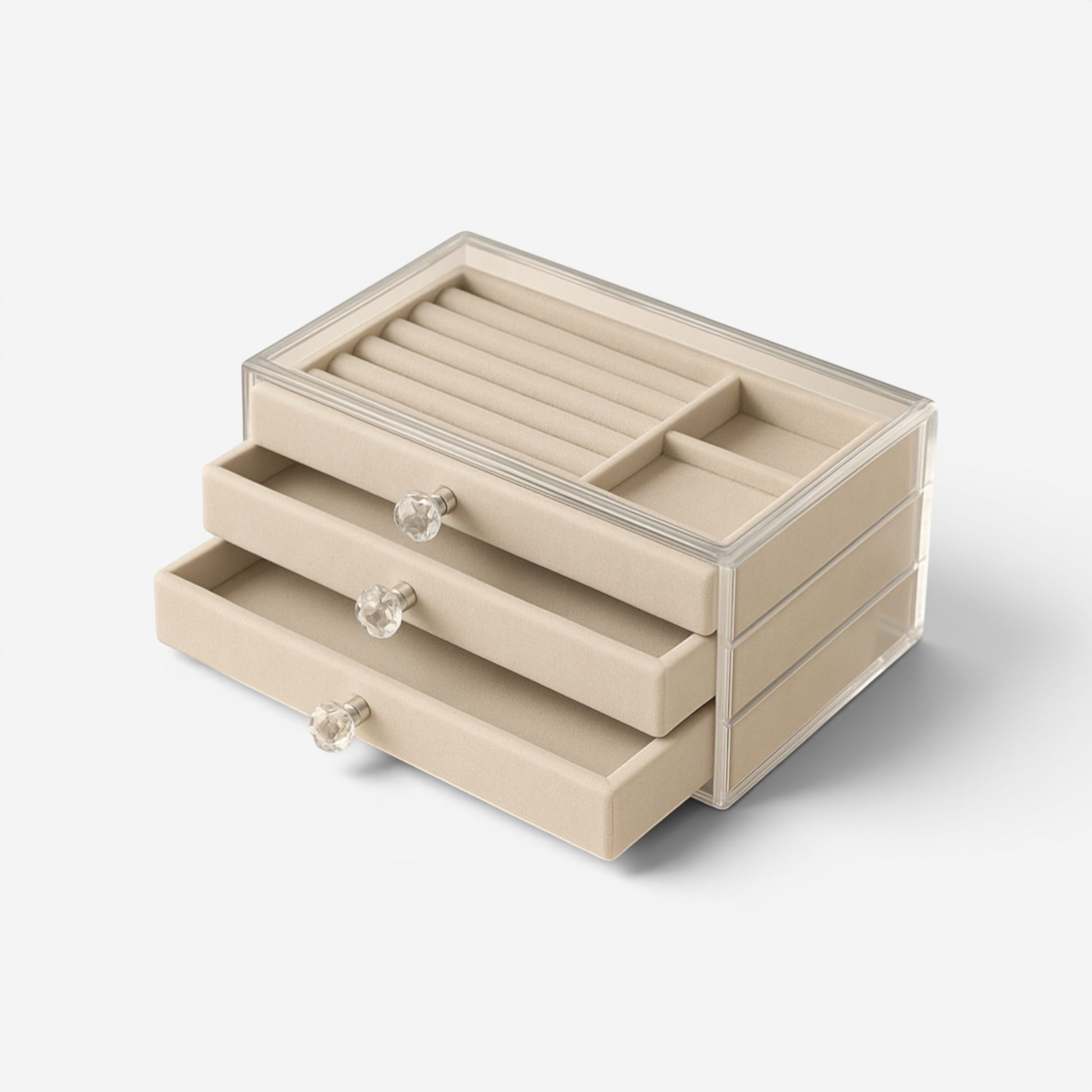 Boîte à bijoux beige avec tiroirs et compartiments modulables pour accessoires.