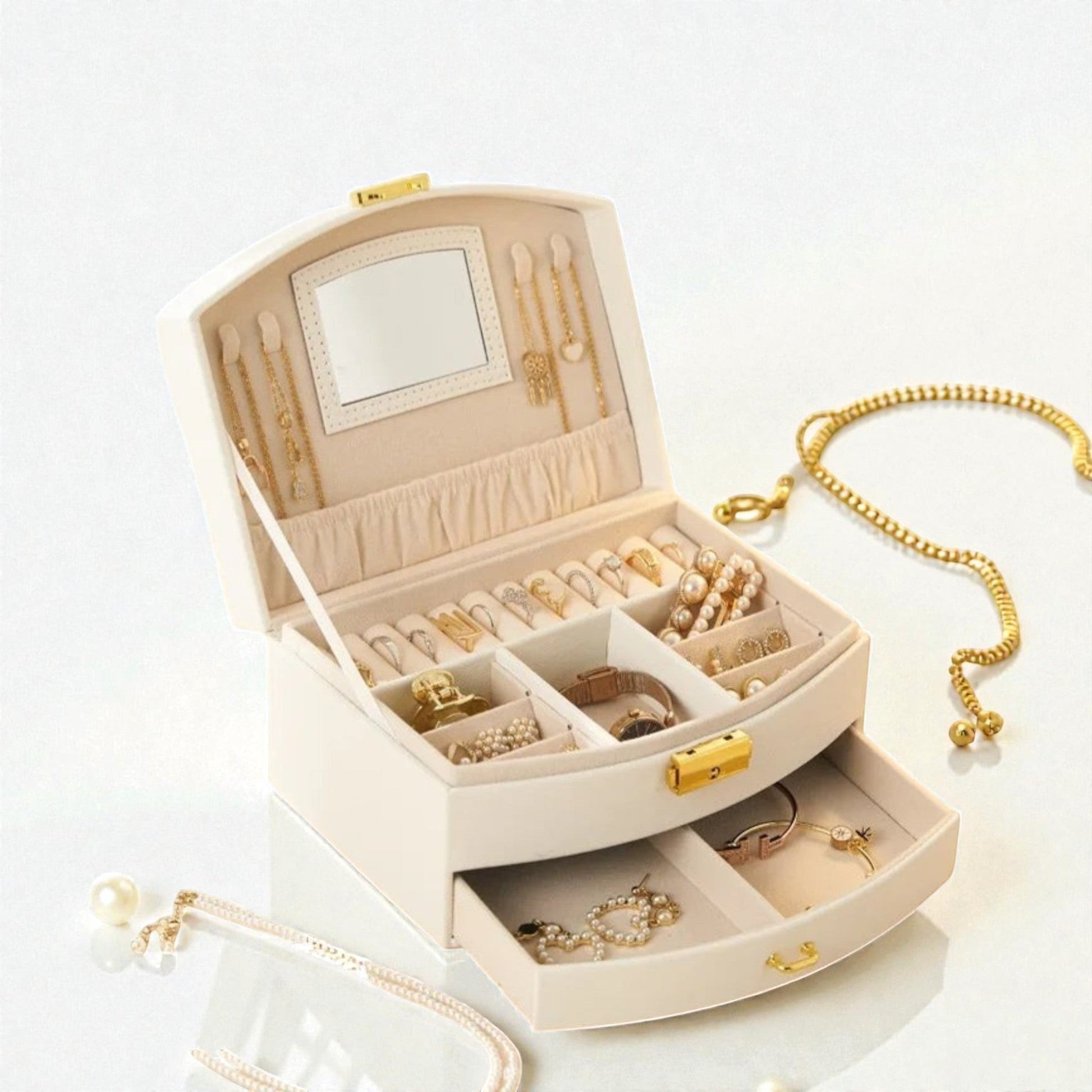 Boîte à bijoux blanc nacré avec tiroir, miroir et rangement élégant.