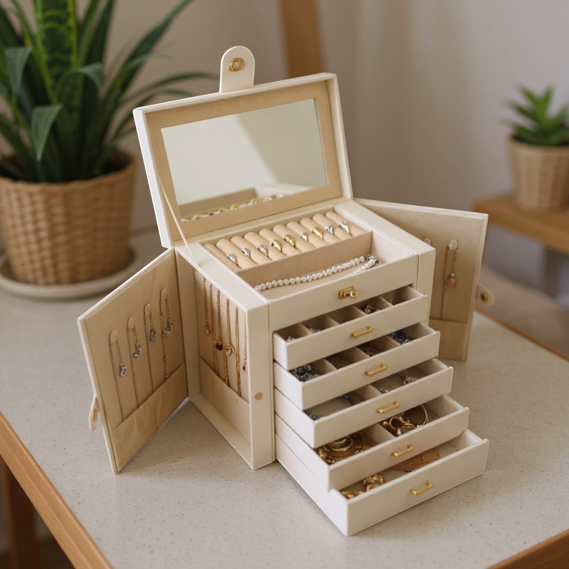 Boîte à bijoux blanche avec tiroirs, miroir et compartiments pour organiser tous les accessoires.
