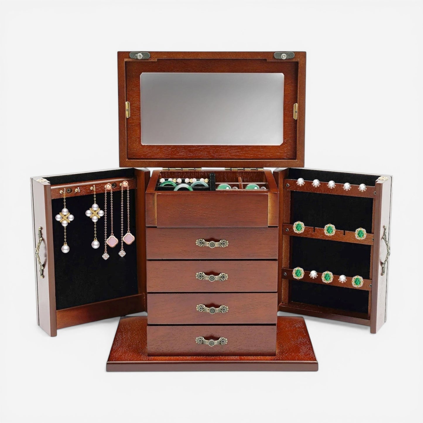 Boîte à bijoux en bois avec 4 tiroirs et miroir intérieur pour ranger colliers boucles d’oreilles et bagues