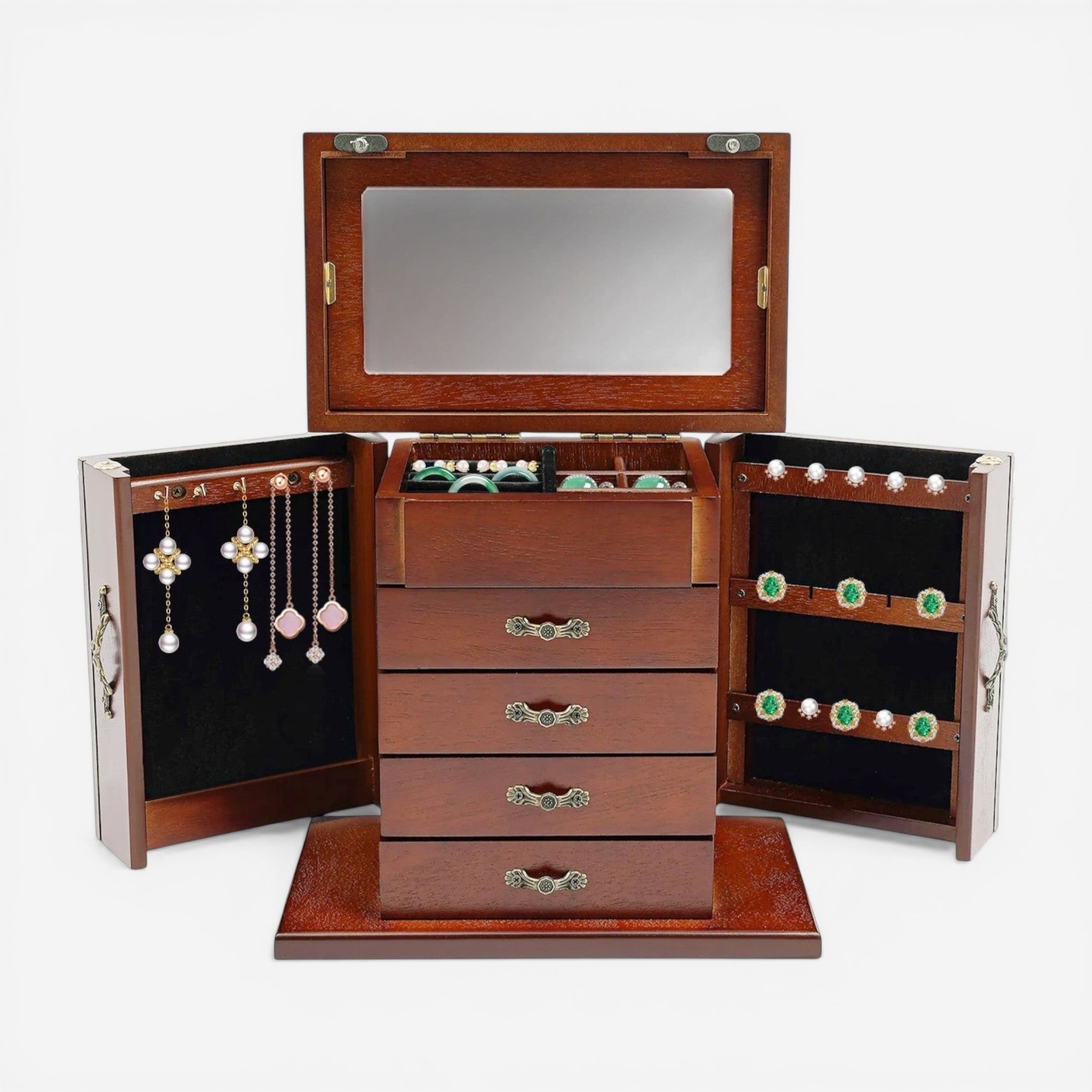 Boîte à bijoux en bois avec 4 tiroirs et miroir intérieur pour ranger colliers boucles d’oreilles et bagues