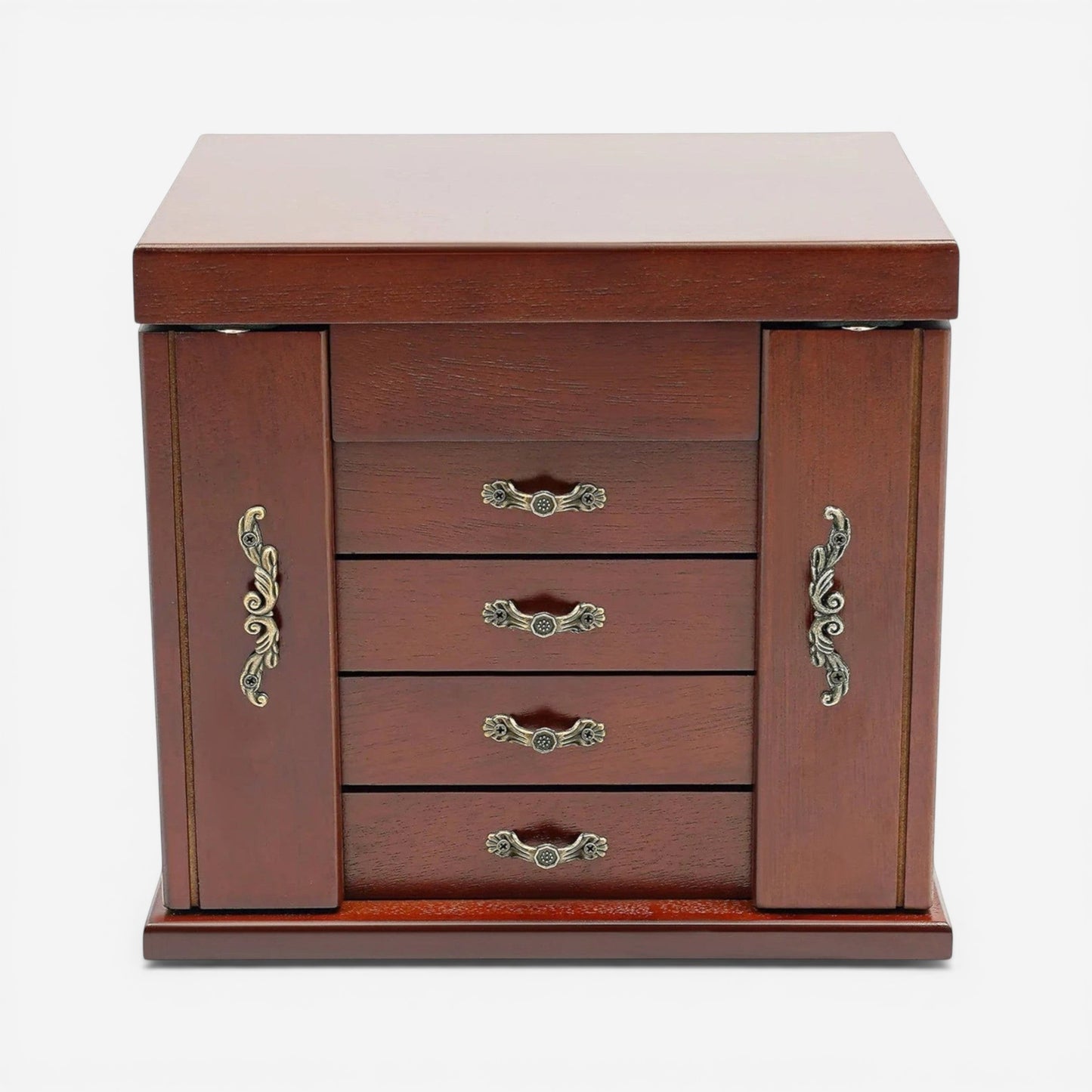 Boîte à bijoux en bois vintage avec 4 tiroirs et poignées ornées pour organiser bagues colliers et bracelets
