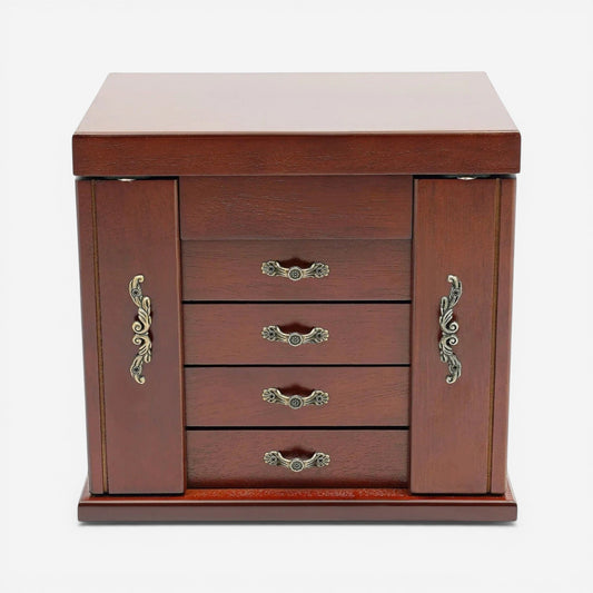Boîte à bijoux en bois vintage avec 4 tiroirs et poignées ornées pour organiser bagues colliers et bracelets