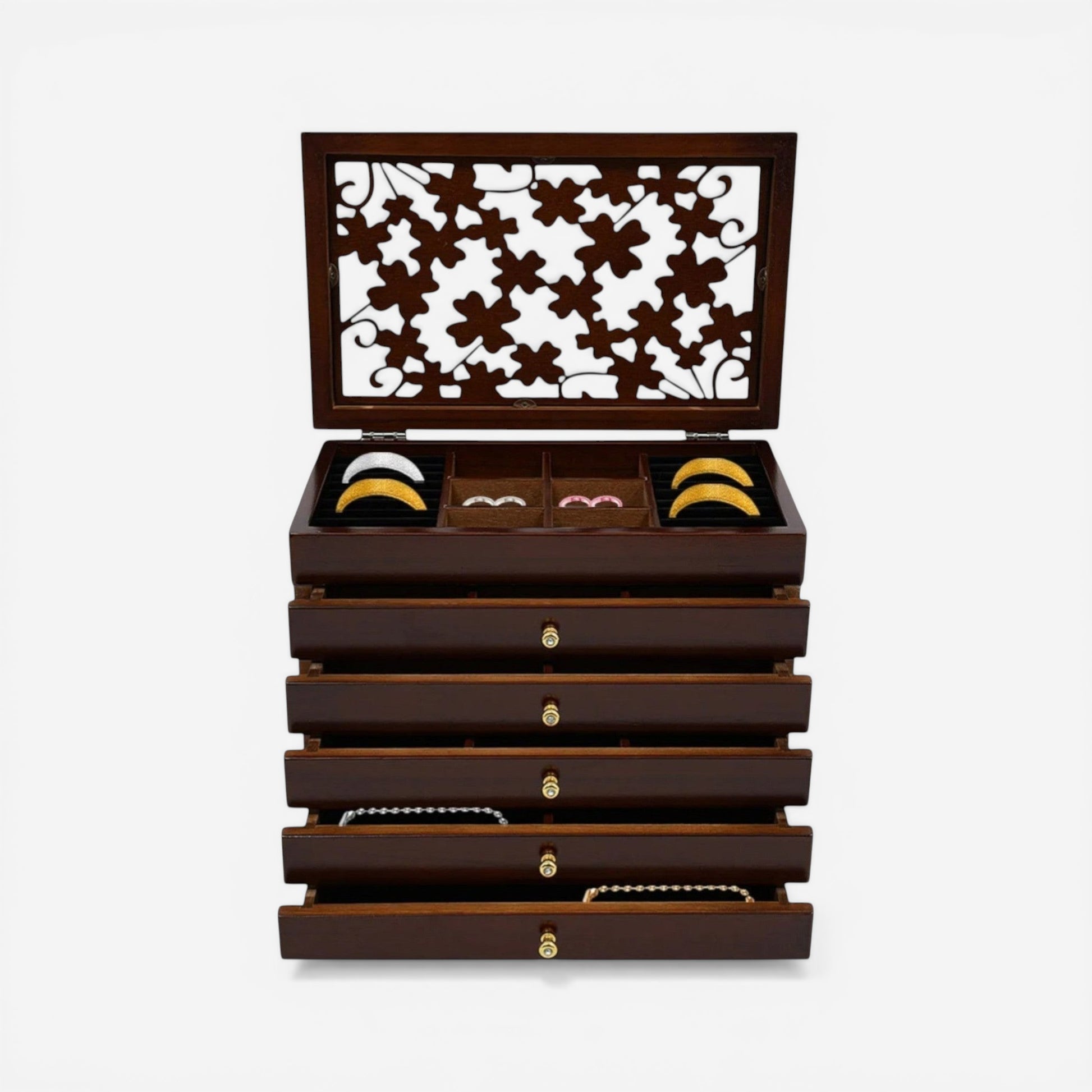 Grande boîte à bijoux en bois à 6 niveaux style vintage avec compartiments pour bijoux précieux