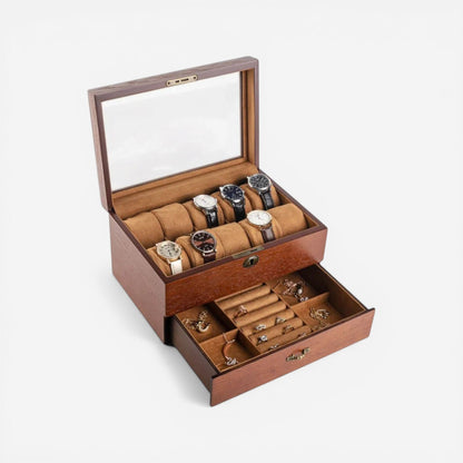 boîte à bijoux en bois avec anneau de verrouillage ouverte et compartiments pour bagues, colliers et bracelets
