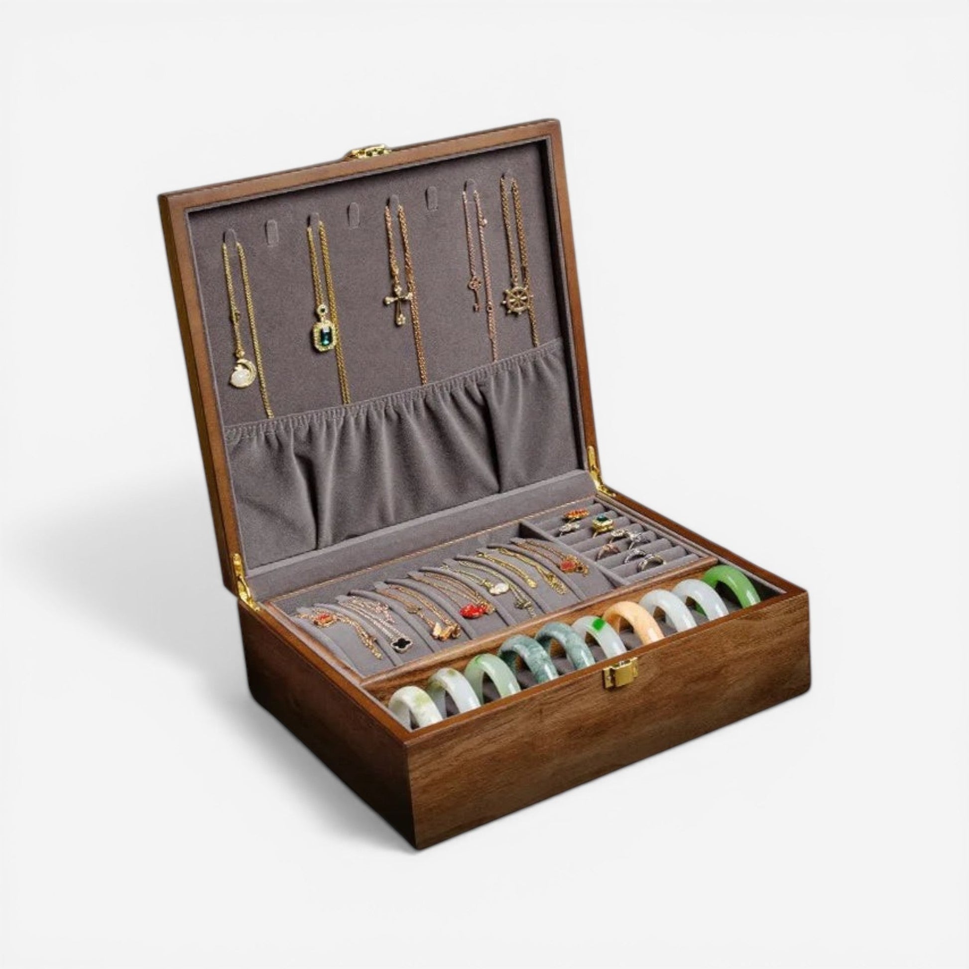 Boîte à bijoux en bois authentique avec compartiments multiples, idéale pour organiser bagues, colliers et bracelets.