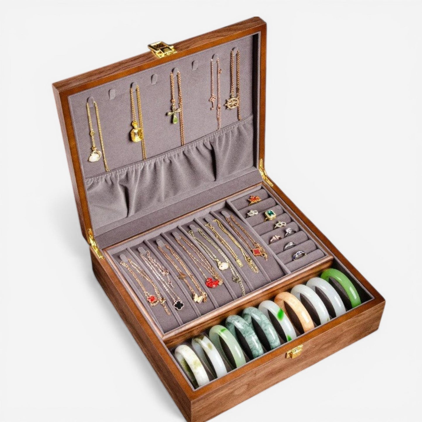 Boîte à bijoux en bois authentique avec rangement complet, idéale pour organiser tous vos accessoires avec soin.