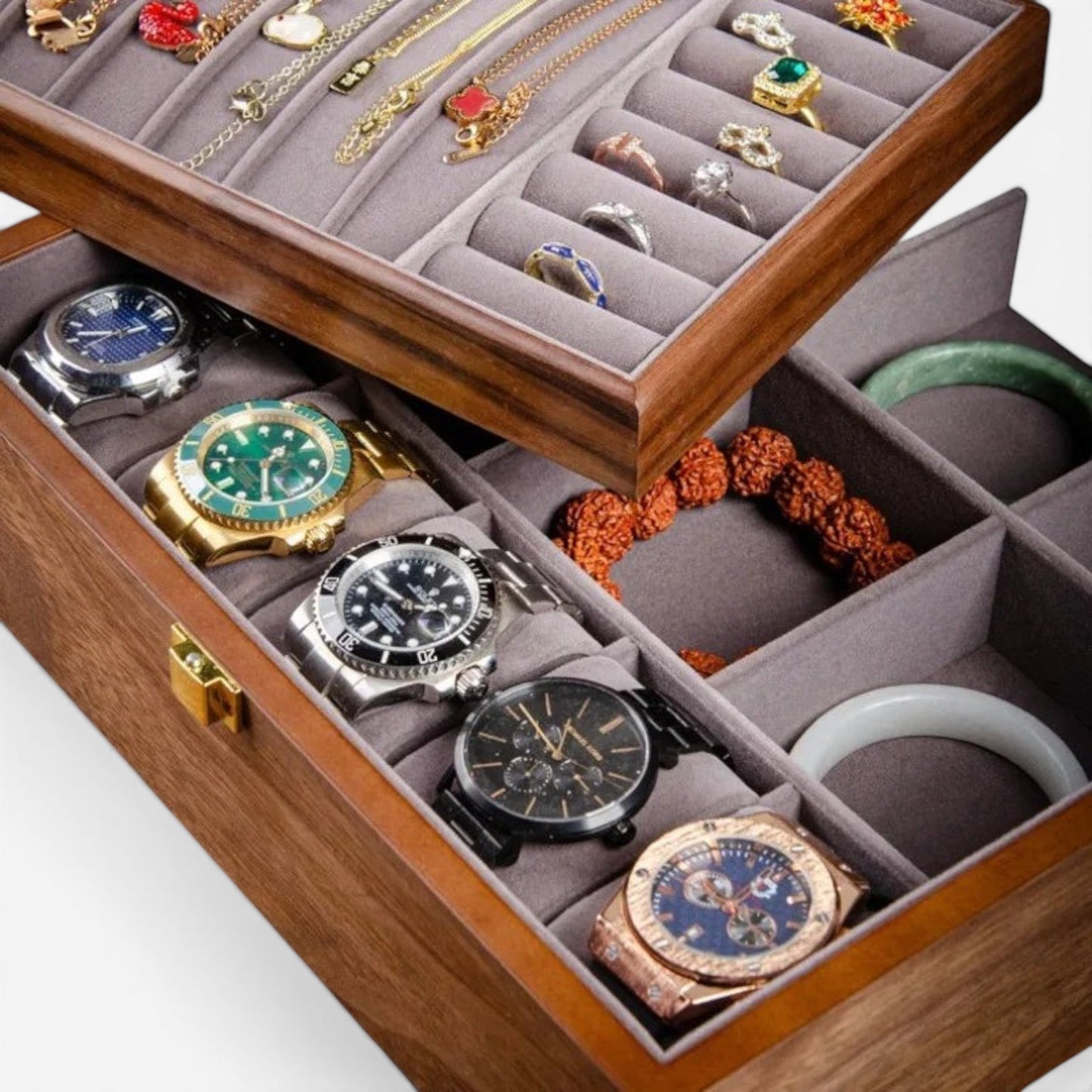 Boîte à bijoux en bois authentique avec rangement détaillé, parfaite pour garder vos bijoux bien organisés.