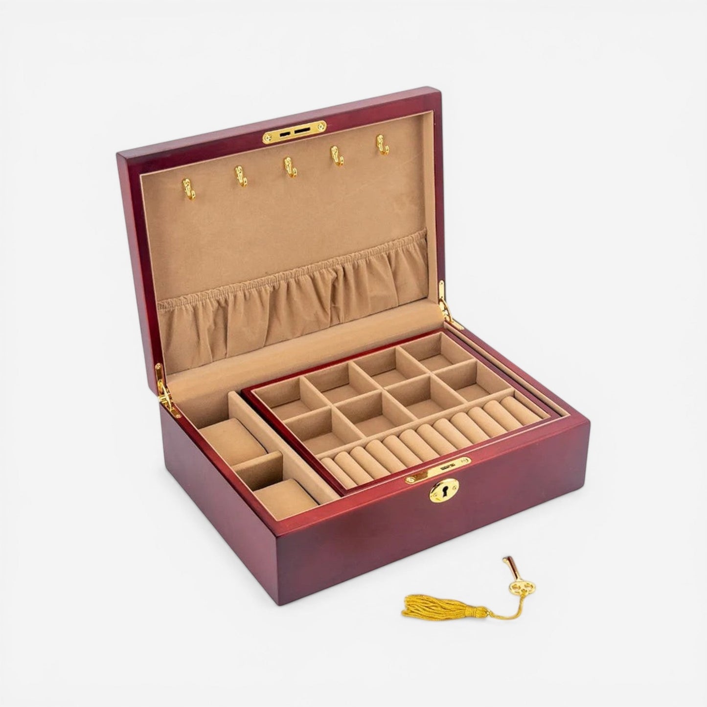 boîte à bijoux en bois classique avec intérieur compartimenté pour organiser les bijoux
