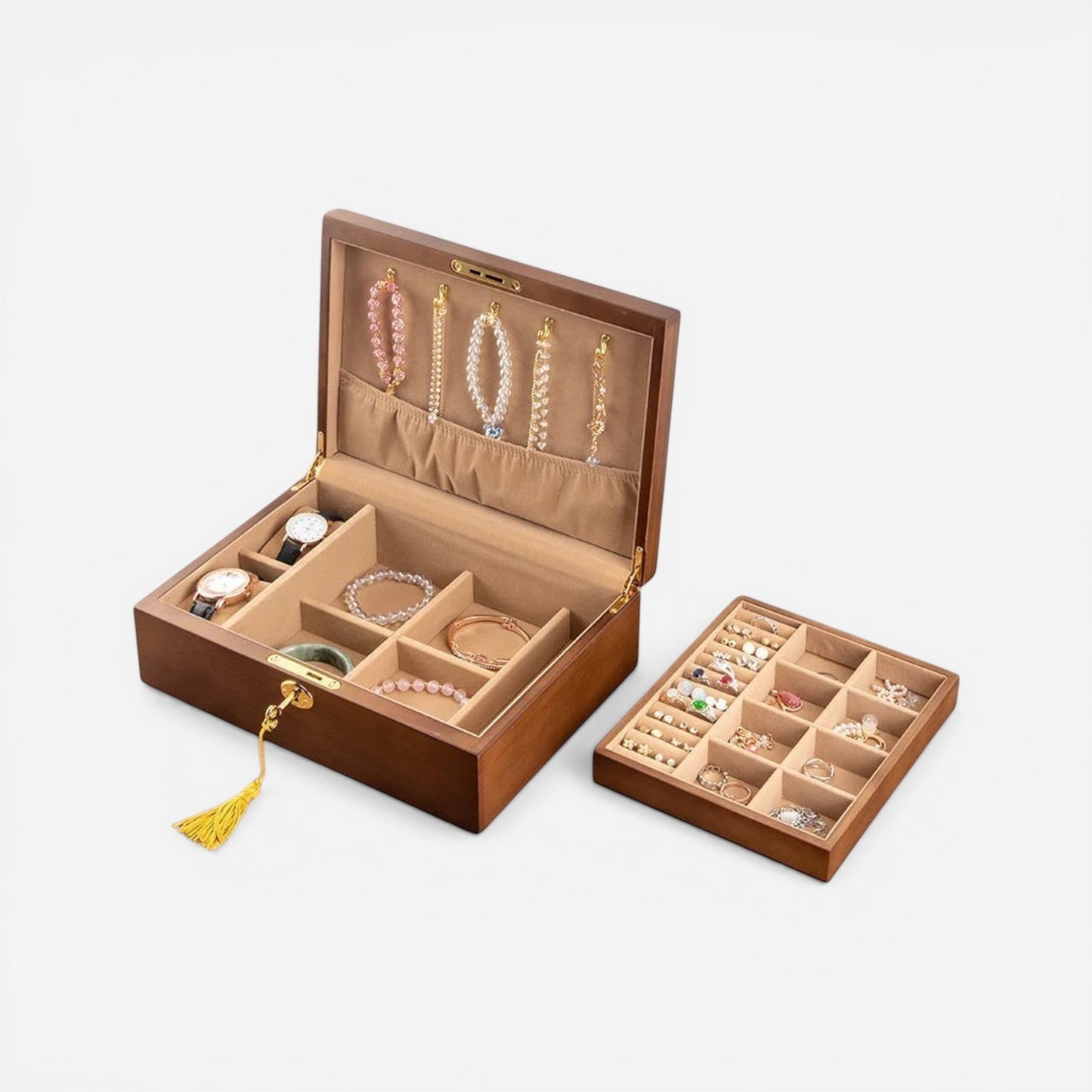 boîte à bijoux en bois classique avec plateaux amovibles et compartiments de rangement