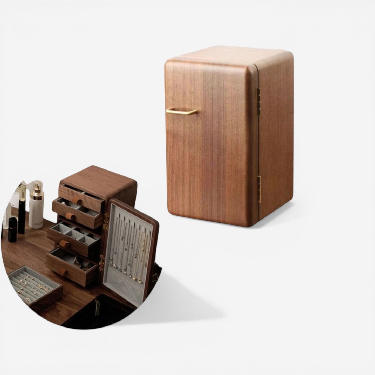 Boîte à bijoux en bois compacte avec design naturel et finition élégante.