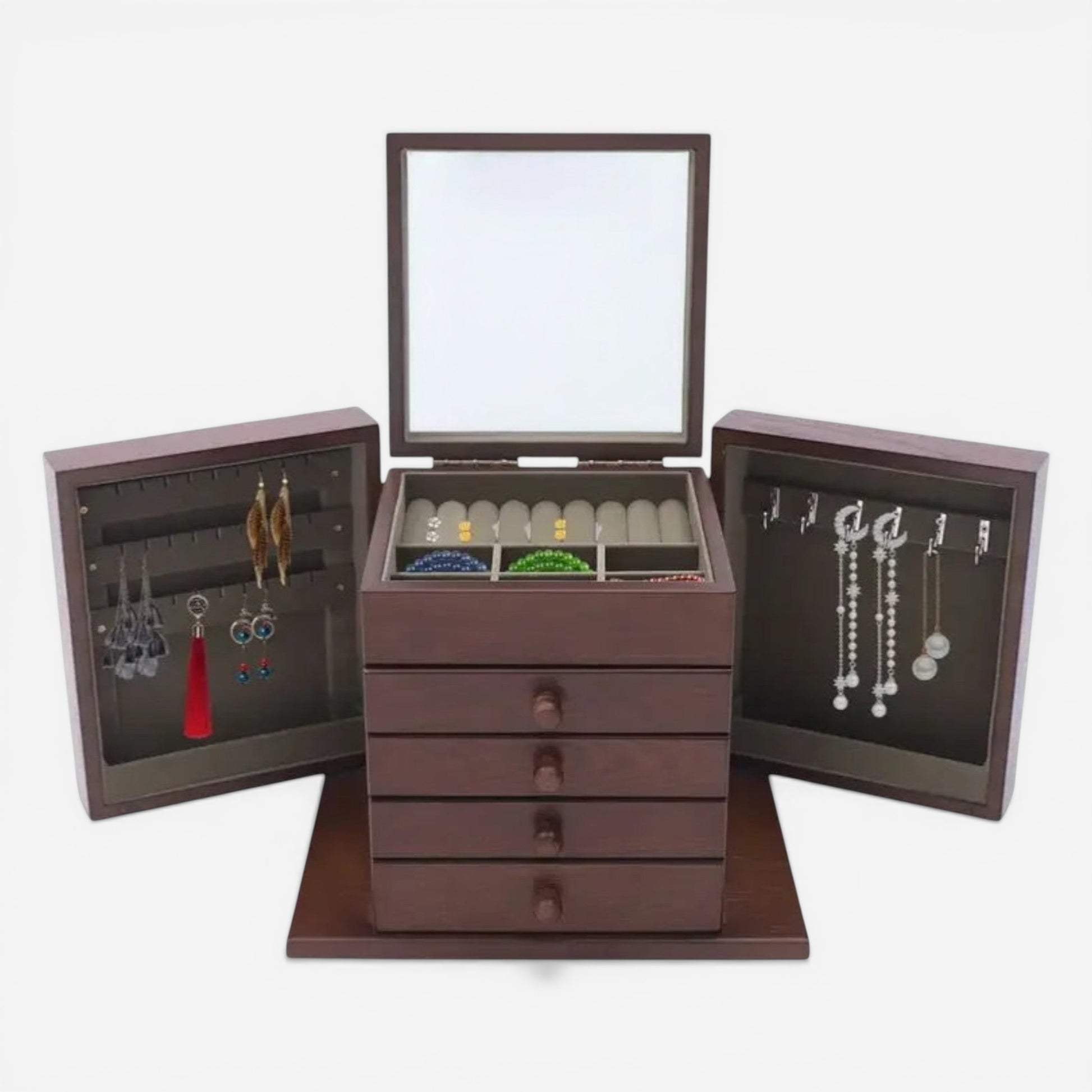 Boîte à bijoux en bois grande capacité avec tiroirs, miroir et espace pour suspendre bijoux.