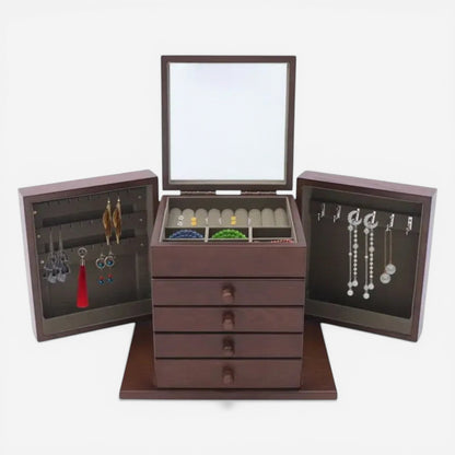Boîte à bijoux en bois grande capacité avec tiroirs, miroir et espace pour suspendre bijoux.