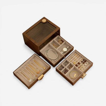 Boîte à bijoux en bois avec couvercle et rangement multiniveaux idéale pour une organisation optimale.