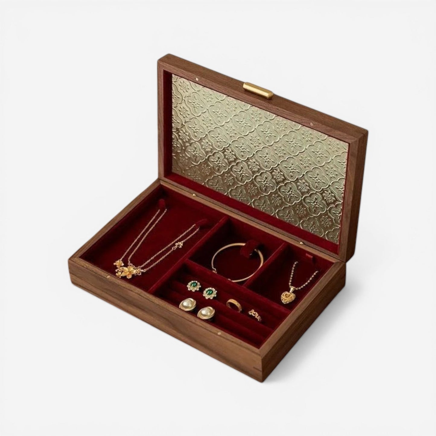 Boîte à bijoux en bois avec couvercle en verre décoratif et intérieur en velours rouge, idéale pour organiser et protéger vos bijoux avec élégance.