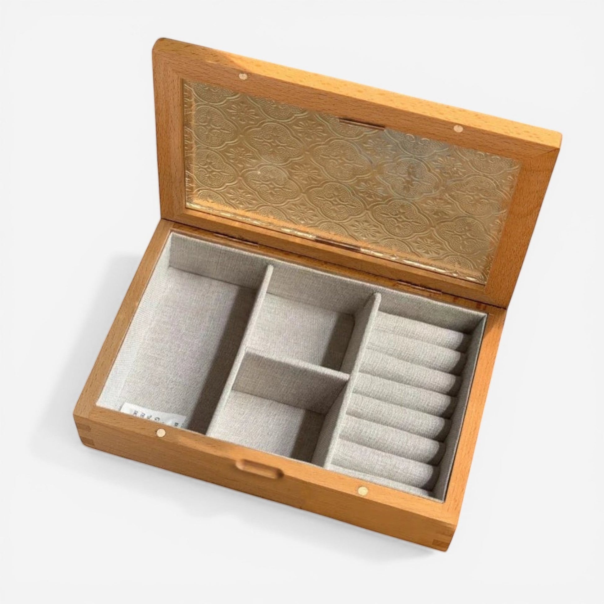 boîte à bijoux en bois élégante ouverte avec compartiments pour organiser bijoux