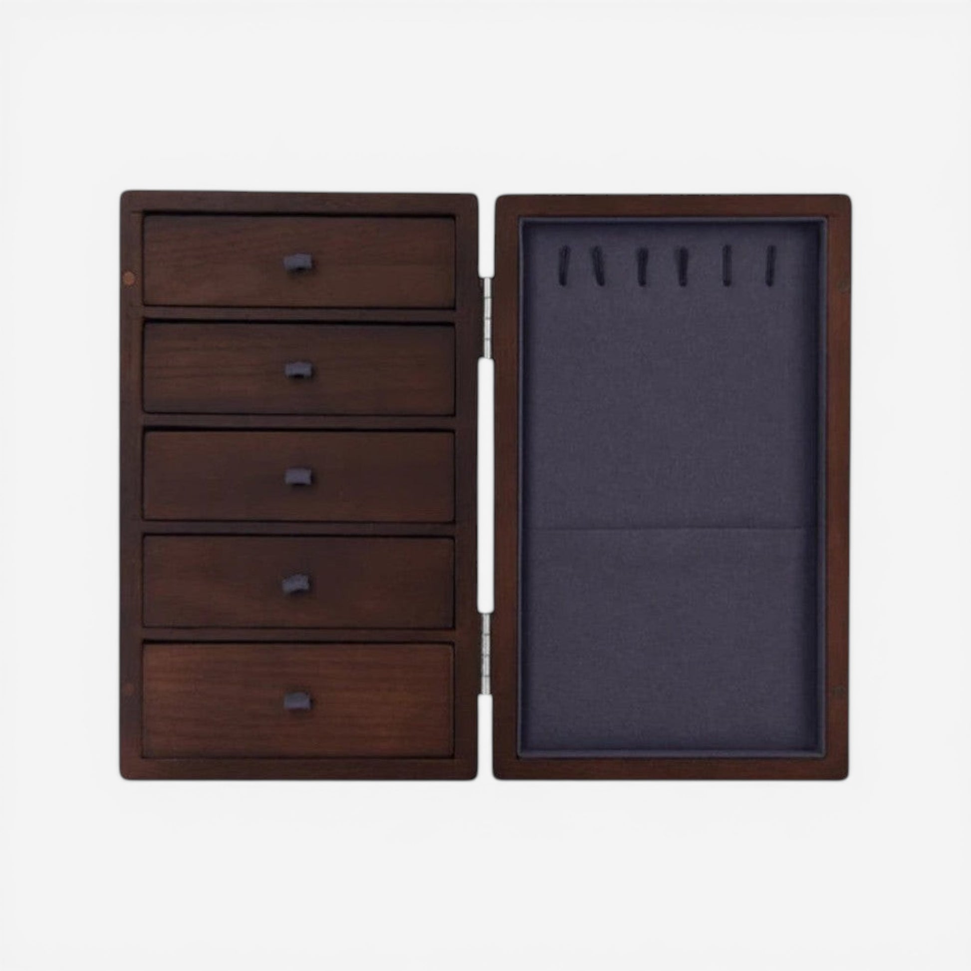 Boîte à bijoux en bois marron foncé avec intérieur gris pour organiser bijoux et accessoires.
