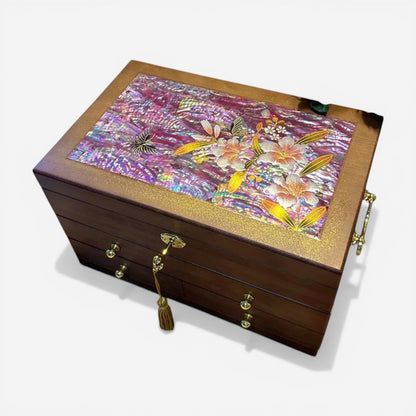 Boîte à bijoux en bois massif floral au design luxueux, idéale pour ranger et mettre en valeur vos bijoux avec élégance.