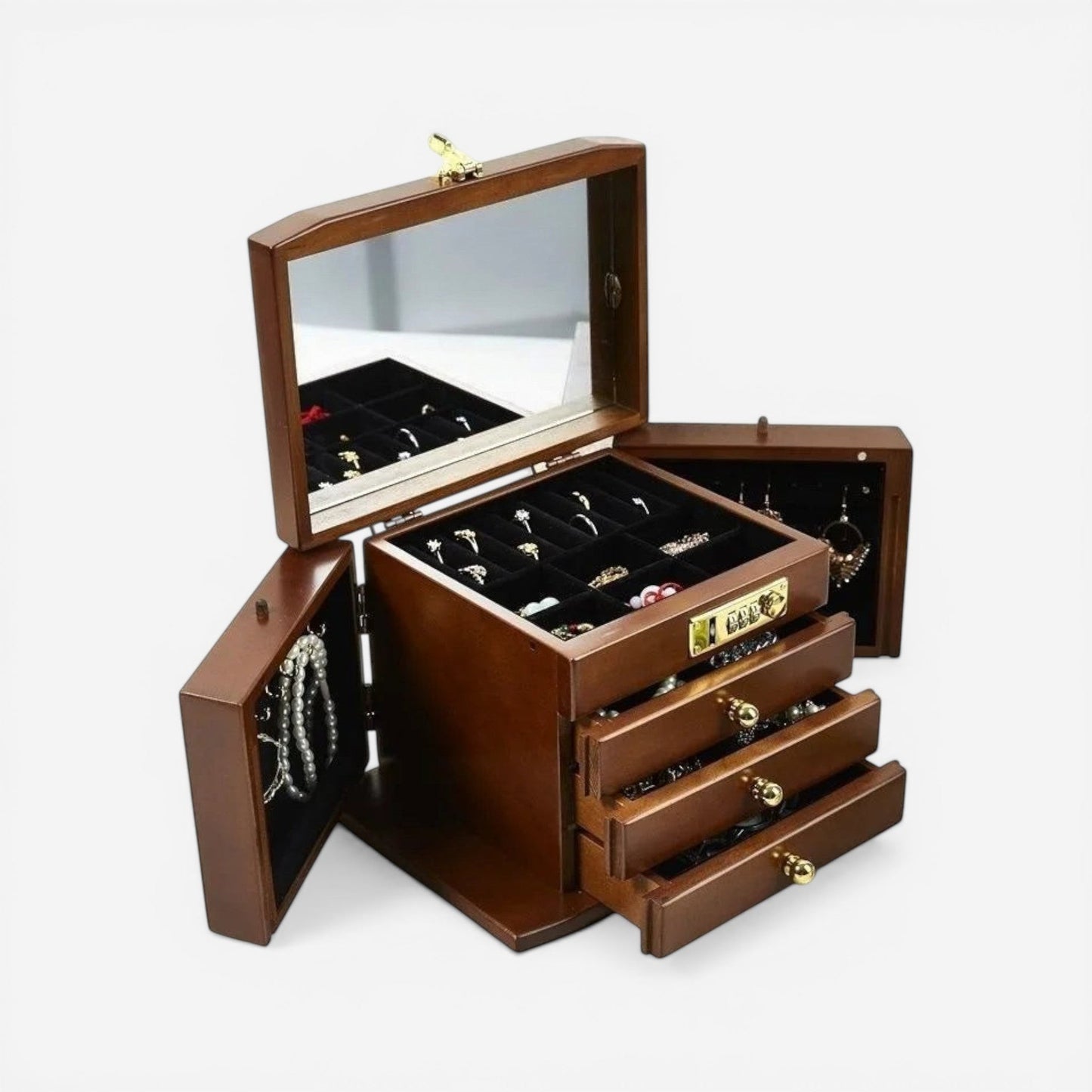 boîte à bijoux en bois massif haut de gamme avec tiroirs miroir et rangement bijoux