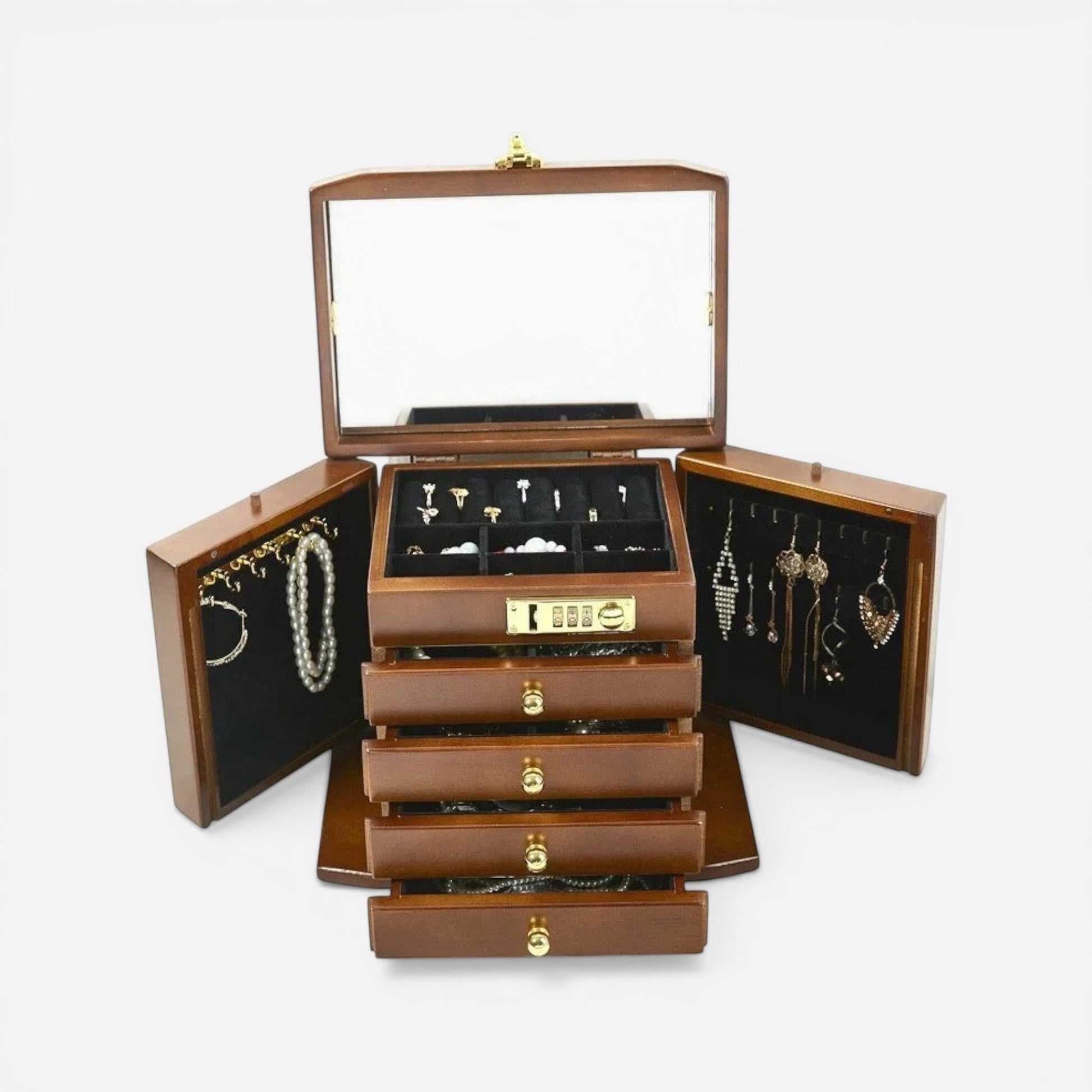 boîte à bijoux en bois massif avec plusieurs niveaux et compartiments pour bijoux
