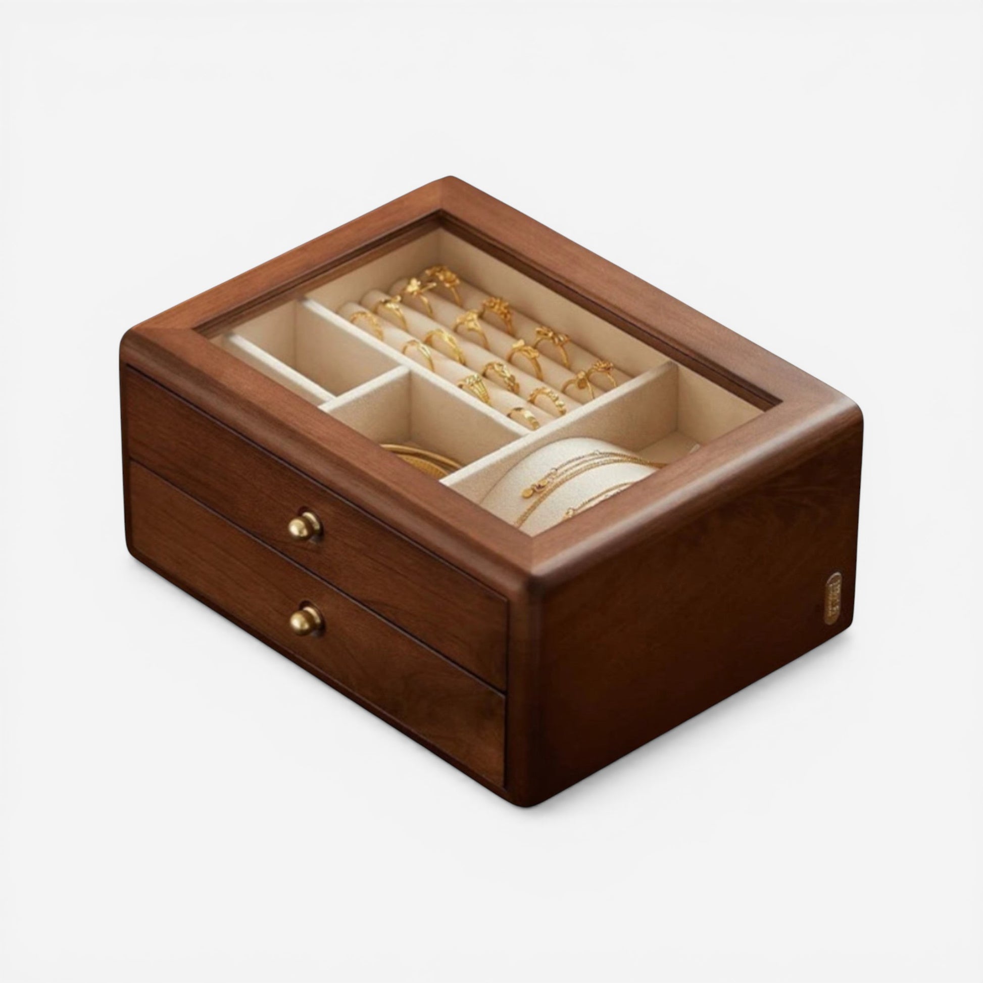 Boîte à bijoux en bois massif avec couvercle en verre et compartiments pour bijoux précieux