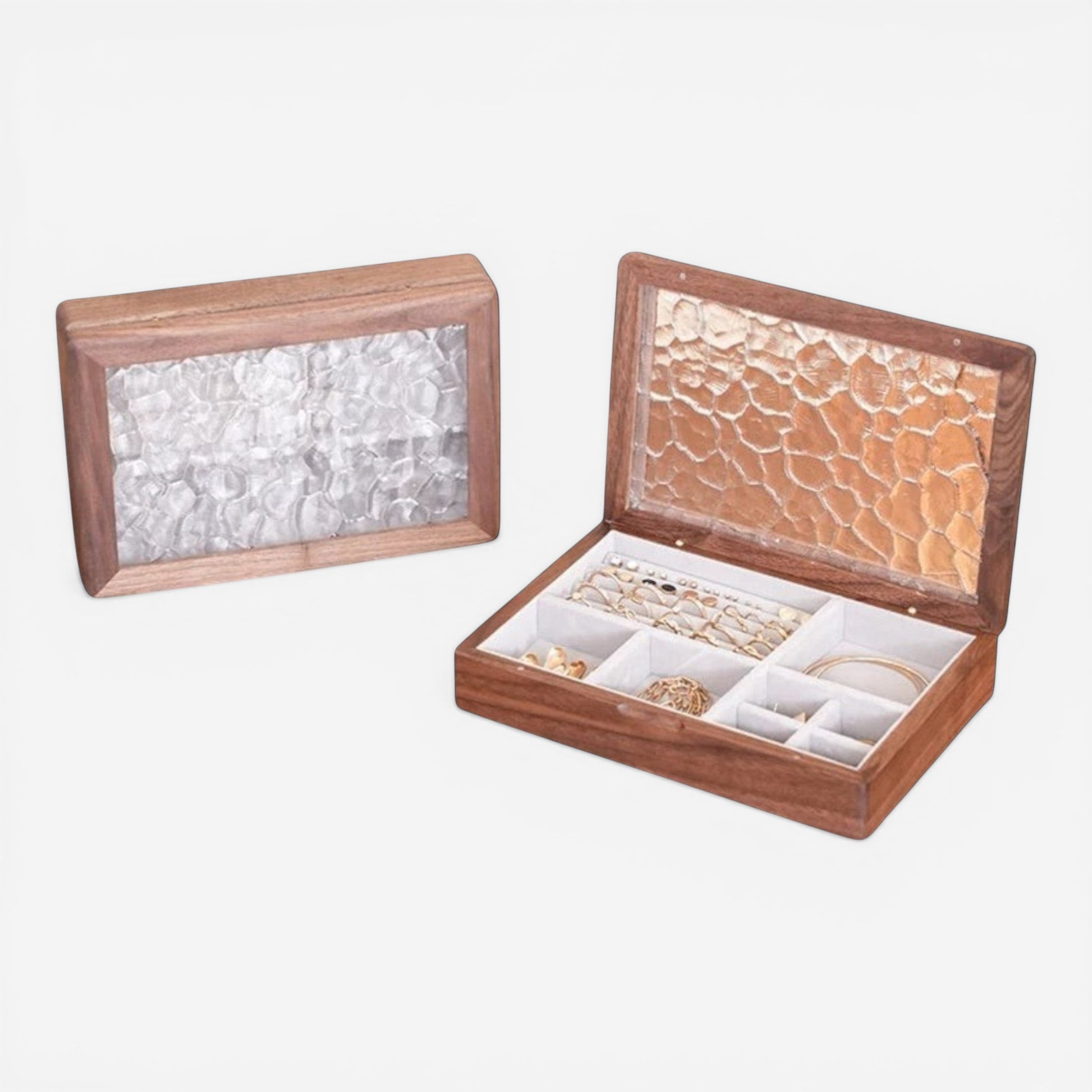 Boîte à bijoux en bois de noyer avec couvercle en verre texturé et rangement élégant pour bijoux
