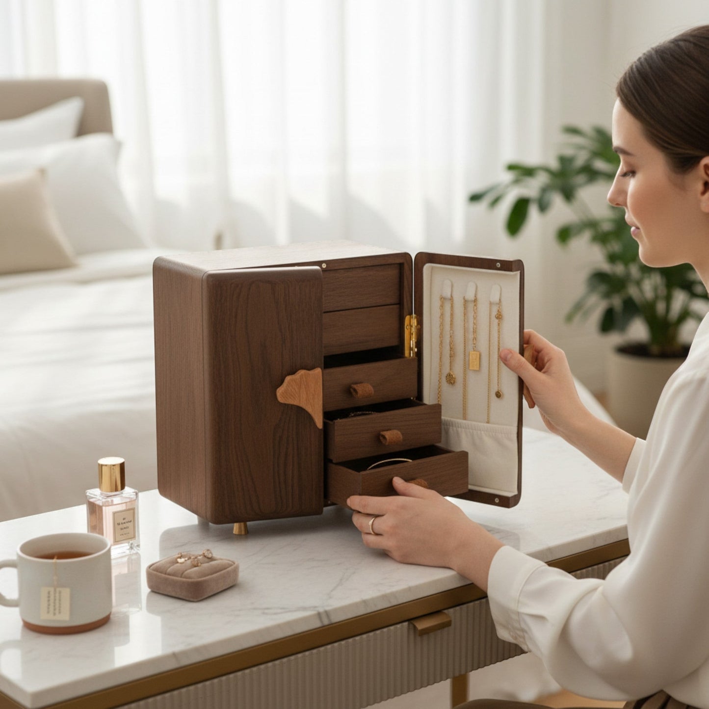 boîte à bijoux en bois originale avec tiroirs et compartiments pour colliers et bagues