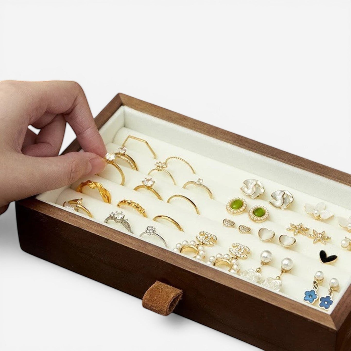 boîte à bijoux en bois originale format long avec compartiments pour bagues et bracelets