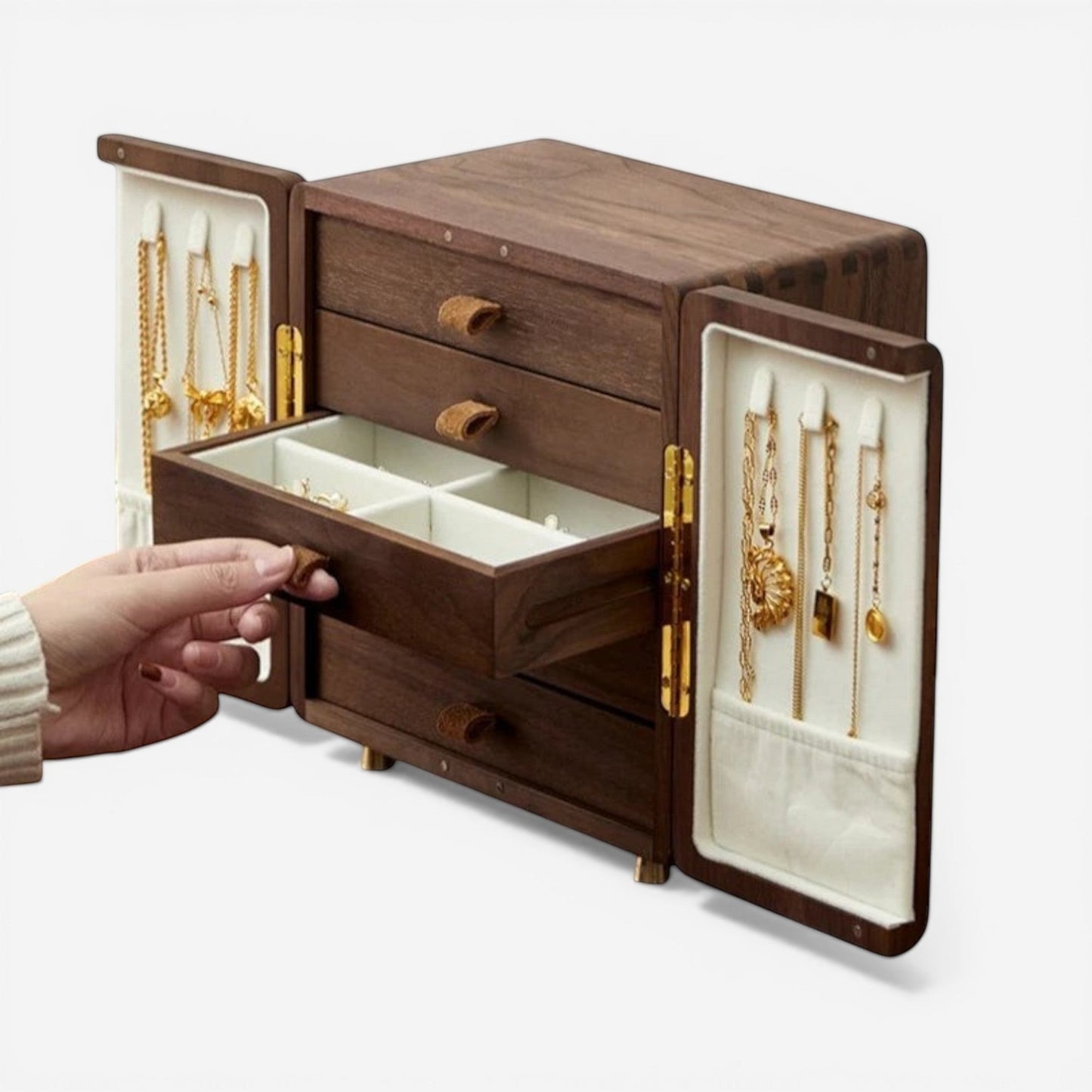 boîte à bijoux en bois originale ouverte avec multiples rangements pour organiser bijoux