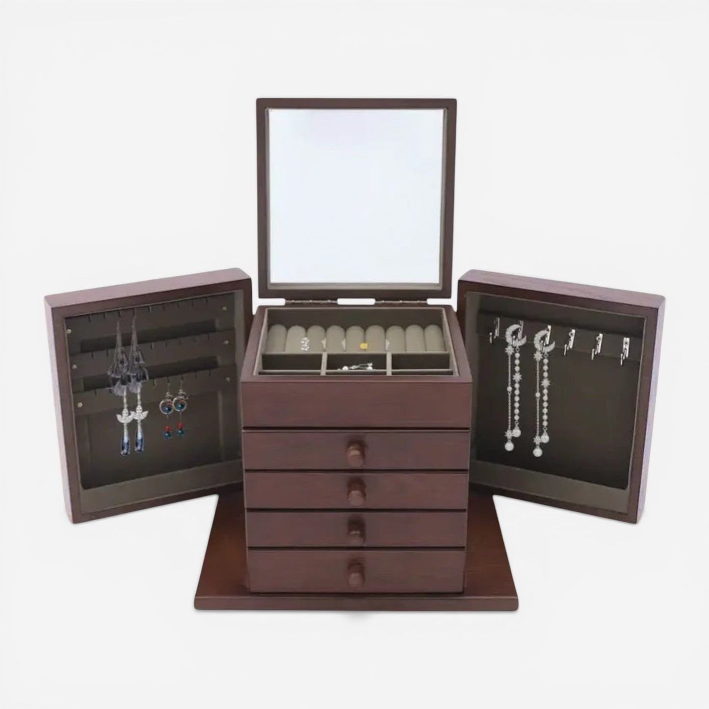 Boîte à bijoux en bois premium avec miroir, portes latérales et tiroirs pour organiser colliers, bagues et accessoires.